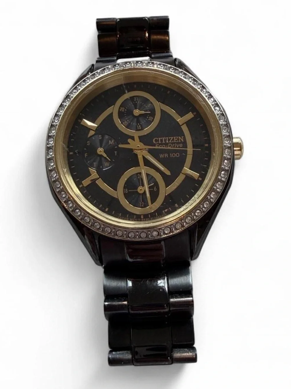 Citizen Eco-Drive POV Crystal Bezel Watch Black Gold